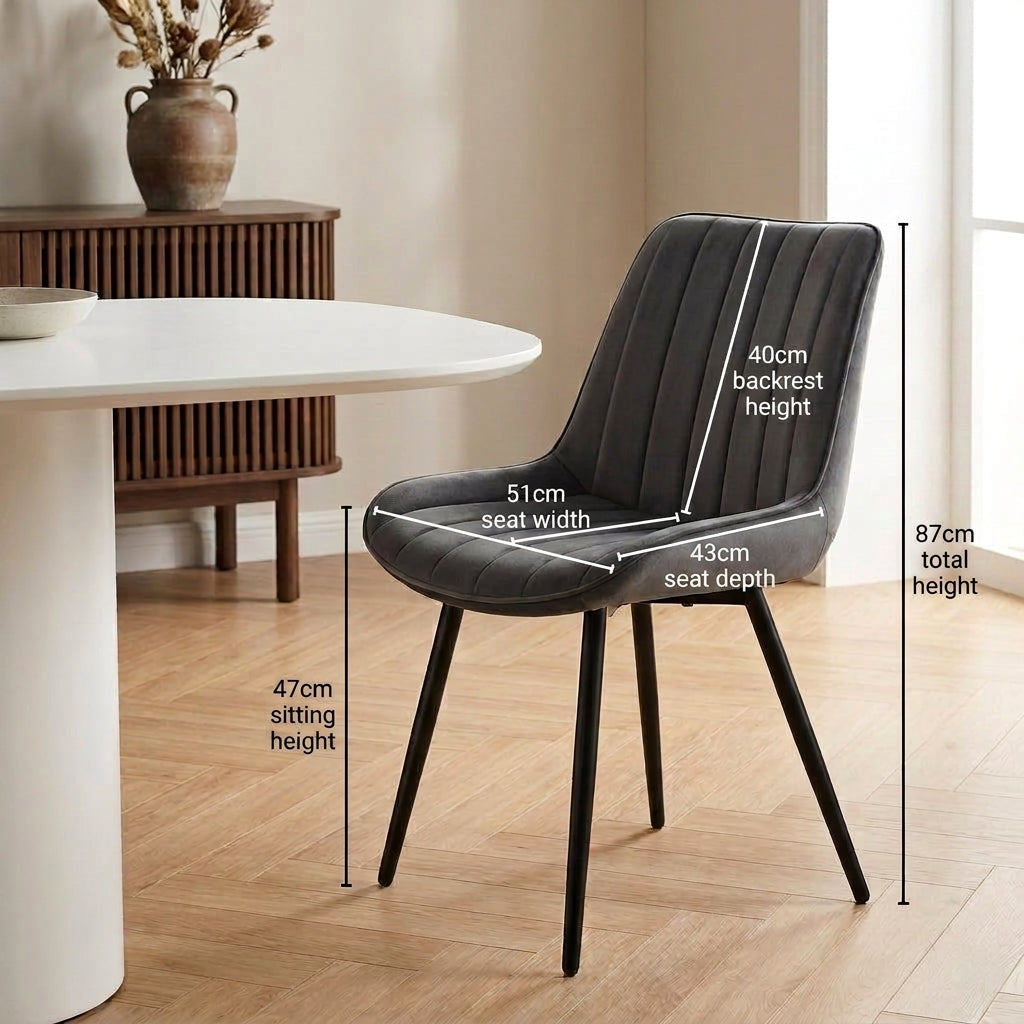 Kernlicht Esszimmerstuhl Samt Grau mit Liniensteppung – Minimalistischer Polsterstuhl im Skandi-Design, Gepolsterter Stuhl mit Metallbeinen