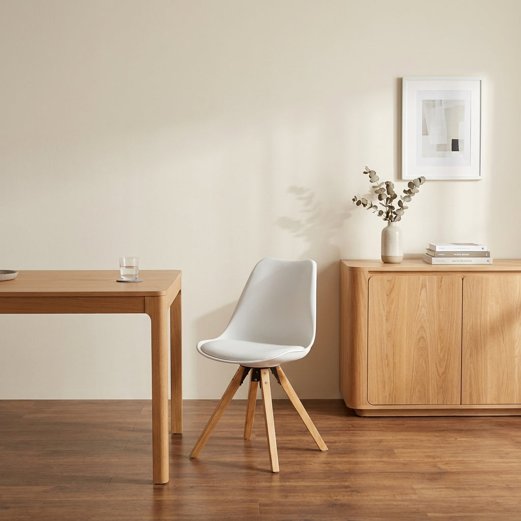 Design-Esszimmerstuhl im Skandinavischen Stil – Weiß mit gepolstertem Sitzkissen und Holzbeinen
