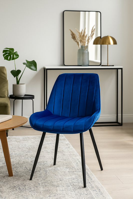 Esszimmerstühle Samt Blau mit Schwarzen Metallbeinen