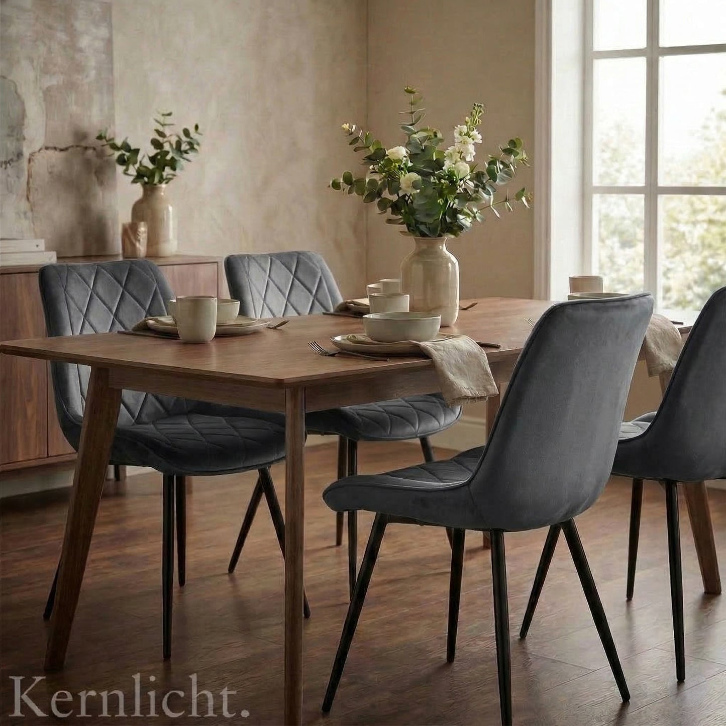 Kernlicht Esszimmerstuhl Samt Grau mit Rautensteppung – Minimalistischer Polsterstuhl im Skandi-Design, Gepolsterter Stuhl mit Metallbeinen