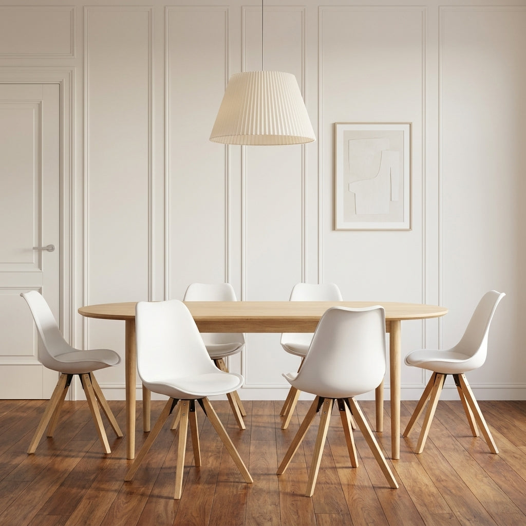 Design-Esszimmerstuhl im Skandinavischen Stil – Weiß mit gepolstertem Sitzkissen und Holzbeinen