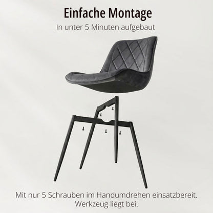 Kernlicht Esszimmerstuhl Samt Grau mit Rautensteppung – Minimalistischer Polsterstuhl im Skandi-Design, Gepolsterter Stuhl mit Metallbeinen