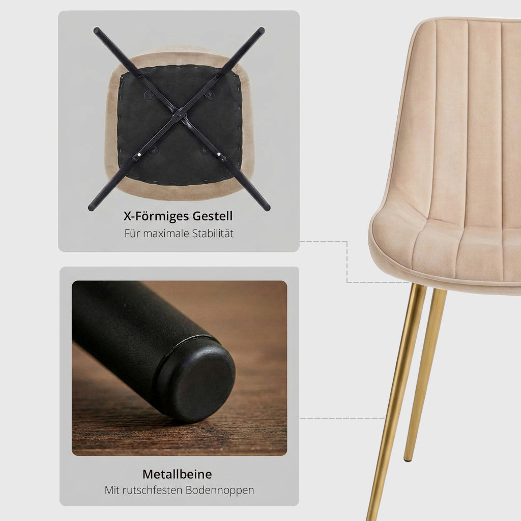 Esszimmerstühle Samt Beige mit Goldenen Metallbeinen