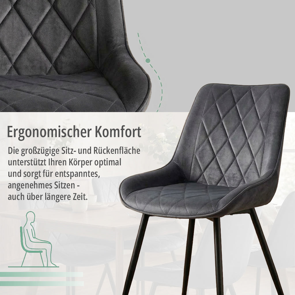 Kernlicht Esszimmerstuhl Samt Grau mit Rautensteppung – Minimalistischer Polsterstuhl im Skandi-Design, Gepolsterter Stuhl mit Metallbeinen