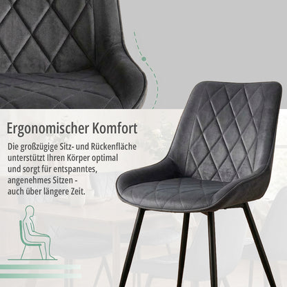 Kernlicht Esszimmerstuhl Samt Grau mit Rautensteppung – Minimalistischer Polsterstuhl im Skandi-Design, Gepolsterter Stuhl mit Metallbeinen