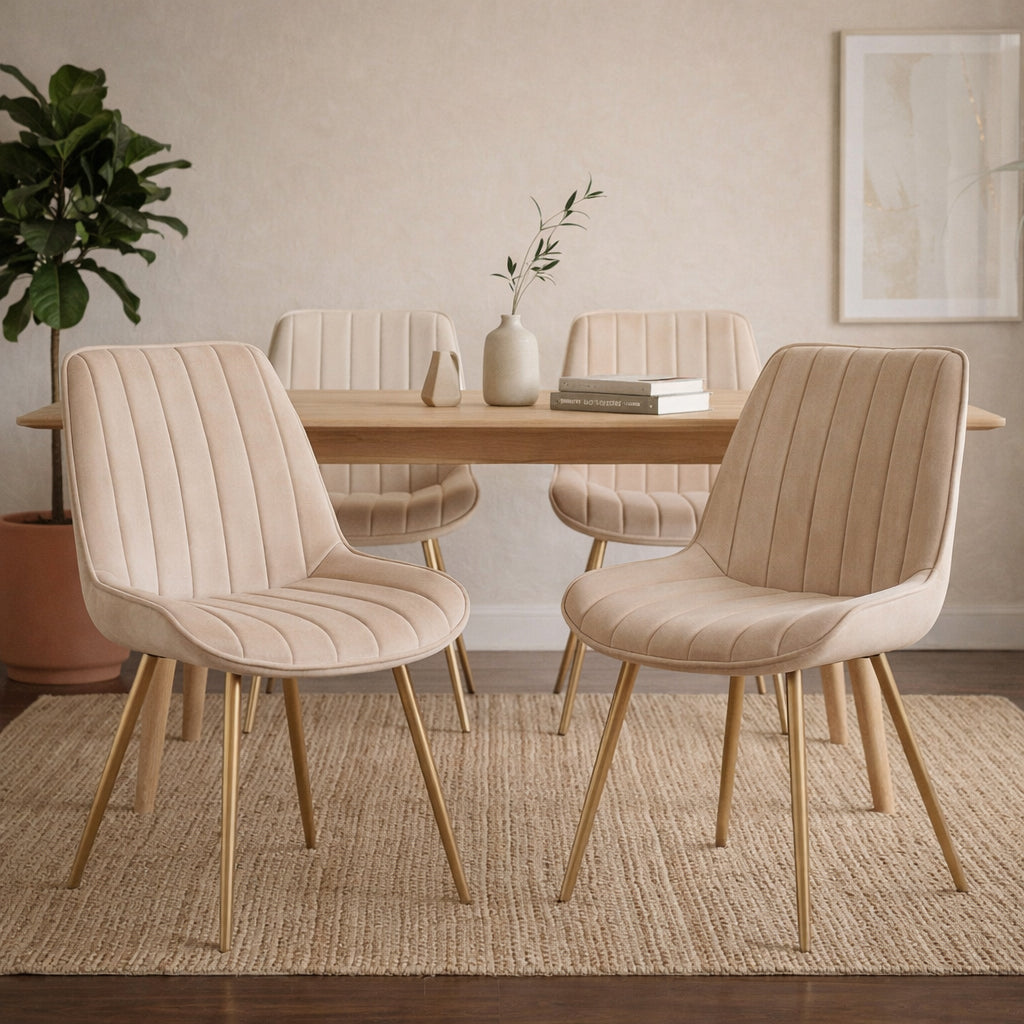 Esszimmerstühle Samt Beige mit Goldenen Metallbeinen