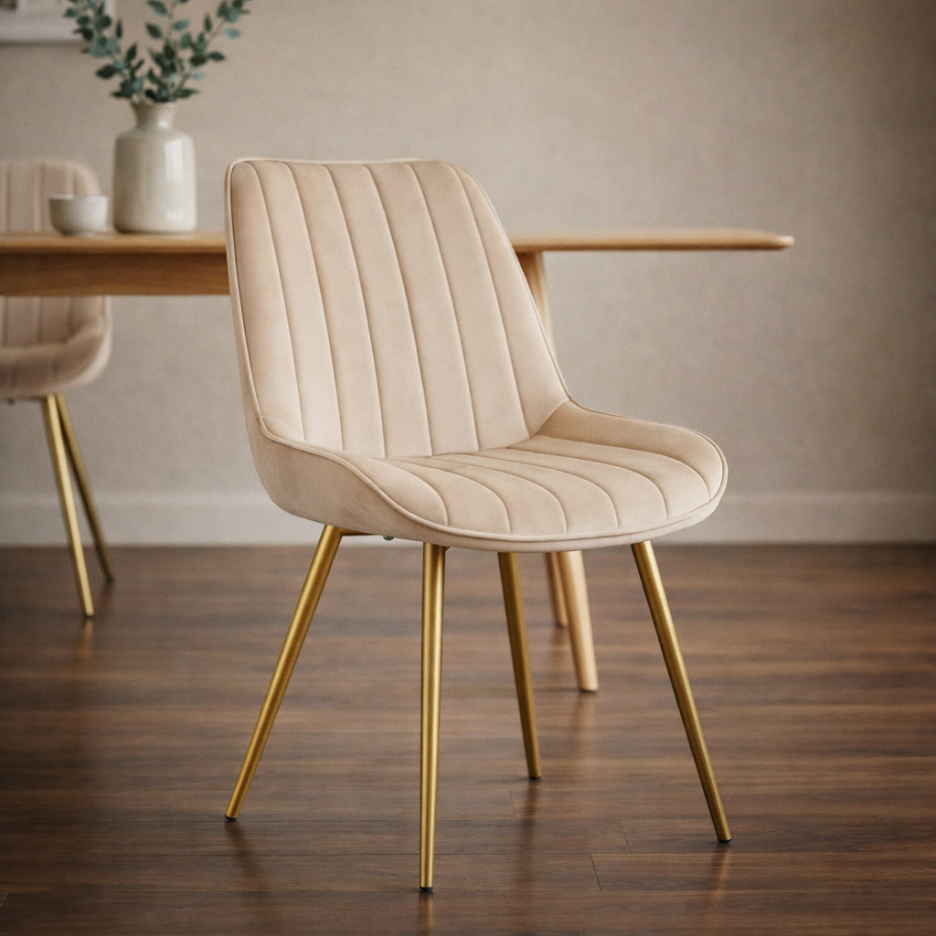Esszimmerstühle Samt Beige mit Goldenen Metallbeinen