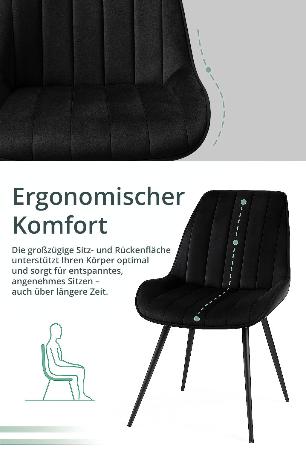 4er Set Esszimmerstühle Samt Schwarz – Extra Dicke Polsterung & Stabiles X-Gestell – Ergonomischer Schalenstuhl für Esszimmer & Küche – Skandi Design
