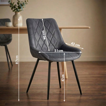 Kernlicht Esszimmerstuhl Samt Grau mit Rautensteppung – Minimalistischer Polsterstuhl im Skandi-Design, Gepolsterter Stuhl mit Metallbeinen