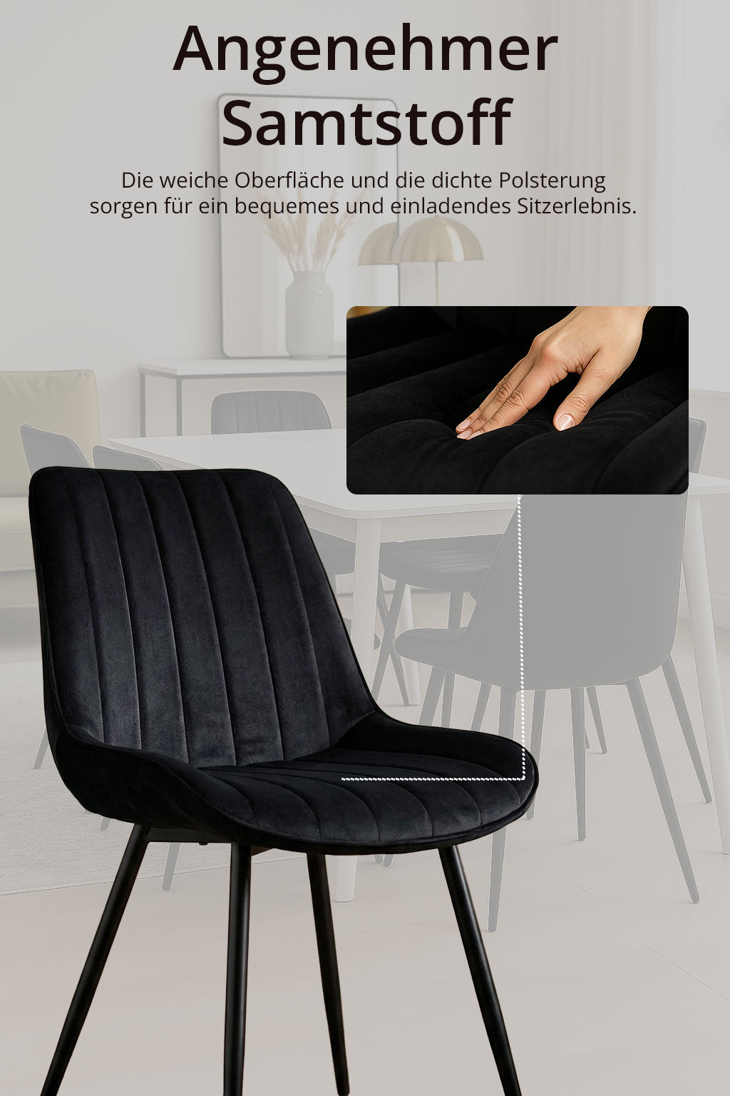 4er Set Esszimmerstühle Samt Schwarz – Extra Dicke Polsterung & Stabiles X-Gestell – Ergonomischer Schalenstuhl für Esszimmer & Küche – Skandi Design
