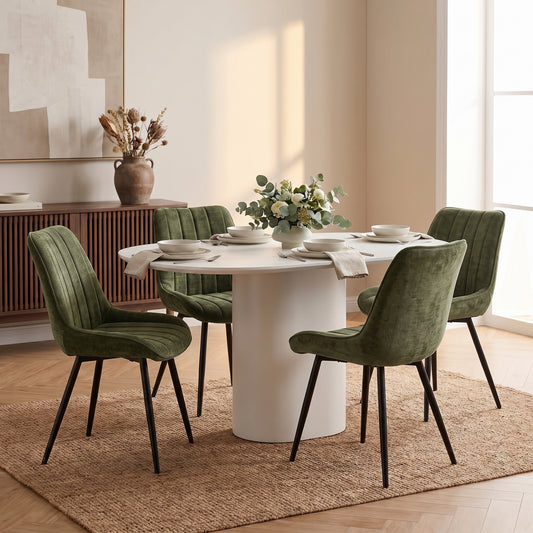 Polsterstuhl Olivgrün - Eleganter Esszimmerstuhl in hochwertigem Chenille-Stoff mit Rillensteppung bezogen und schwarzen Metallbeinen