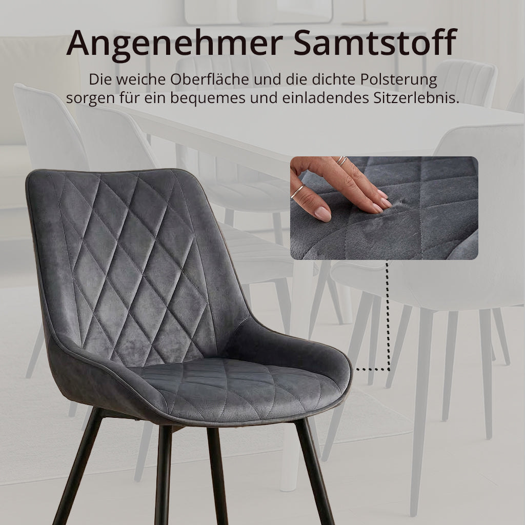 Kernlicht Esszimmerstuhl Samt Grau mit Rautensteppung – Minimalistischer Polsterstuhl im Skandi-Design, Gepolsterter Stuhl mit Metallbeinen