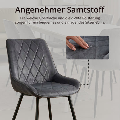 Kernlicht Esszimmerstuhl Samt Grau mit Rautensteppung – Minimalistischer Polsterstuhl im Skandi-Design, Gepolsterter Stuhl mit Metallbeinen